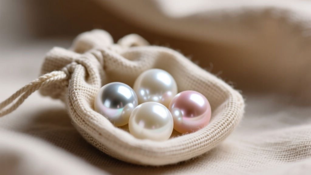 Macro shot of Akoya pearls in a breathable linen pouch, showing their luster against the soft folds of a natural fabric background