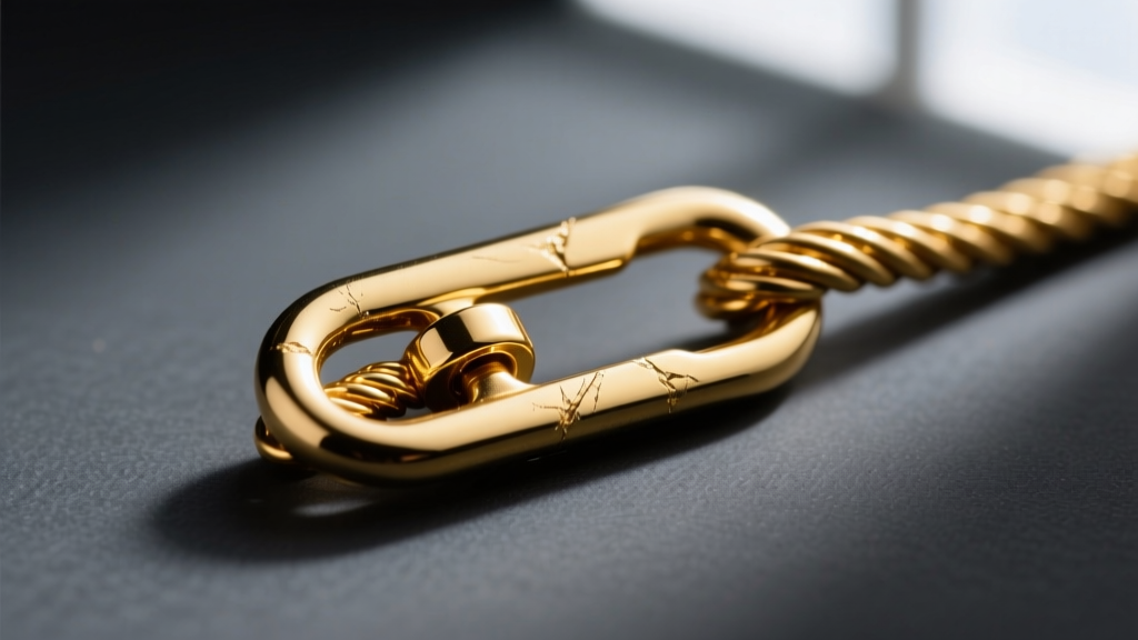 Macro shot of a 1mm gold-plated cable chain lobster clasp showing slight wear on the mechanism, against a dark slate background.