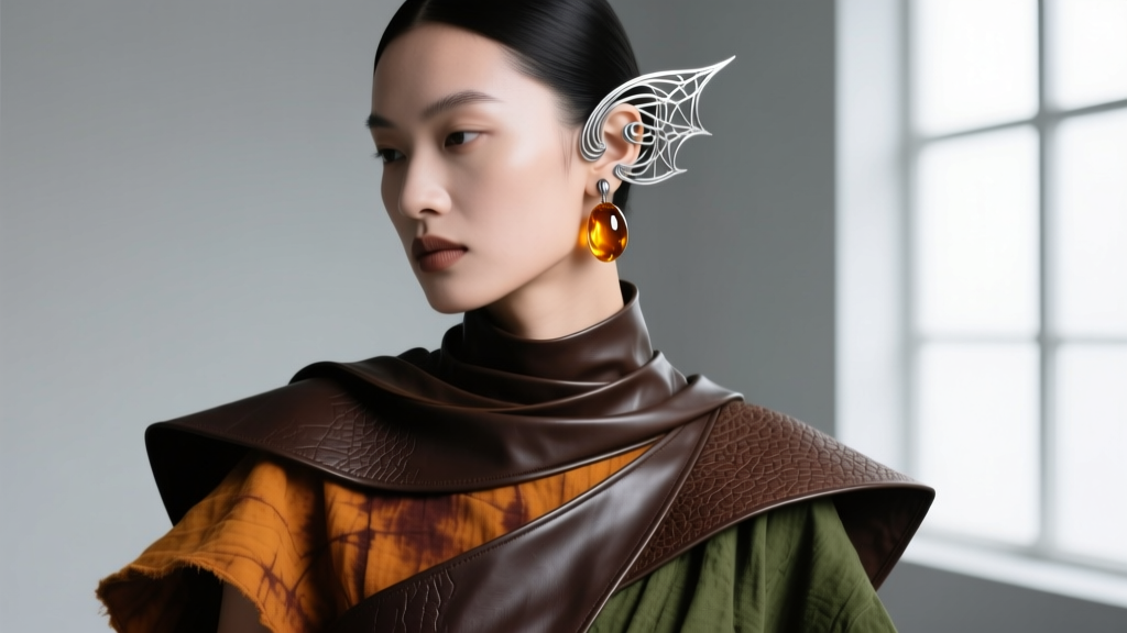 Model wearing 18-gauge sterling silver ear cuffs and raw amber lobe studs, styled with fantasy leather and earth-toned clothing