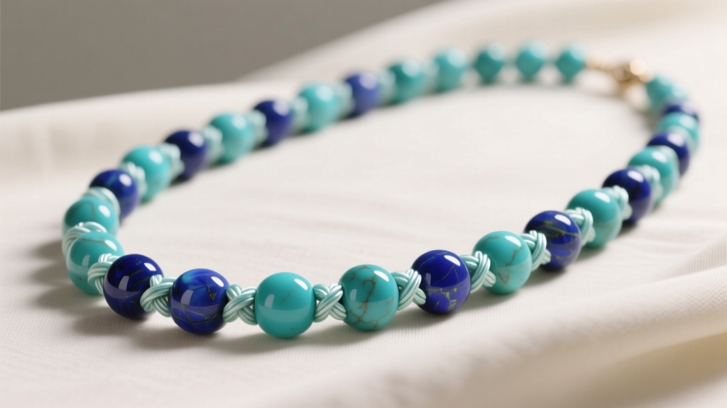 A 45-inch turquoise and lapis extra long beaded necklace on linen, showing silk knotting between the polished stone beads in macro