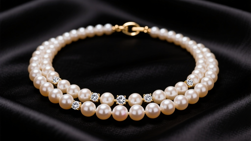 Triple strand Akoya pearl necklace on dark silk, showing diamond spacer bars and a gold clasp in soft studio light.