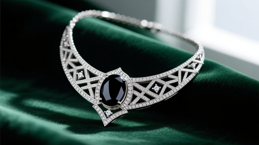 Macro view of a platinum art deco pendant necklace with diamond filigree and an onyx cabochon on dark green velvet.