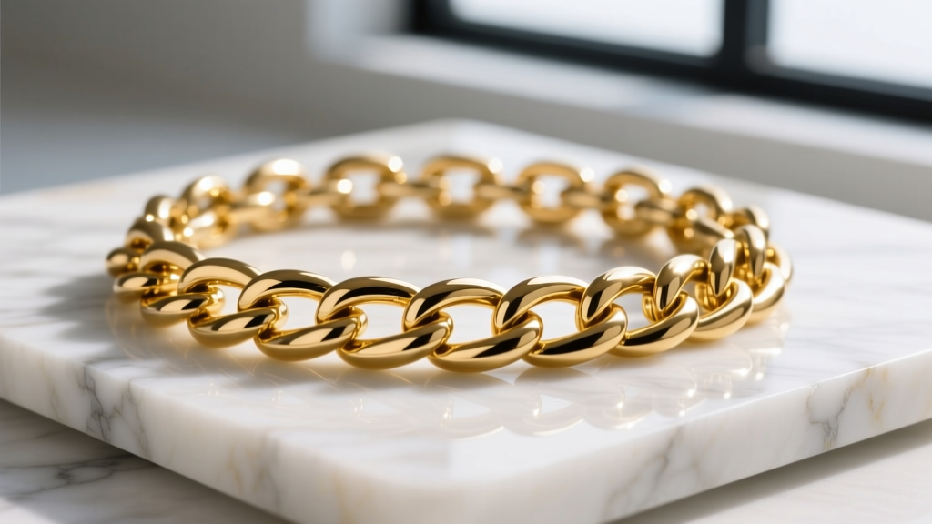 Macro shot of a chunky high-polish gold vermeil curb chain reflecting studio light, showing a liquid finish on a marble slab.