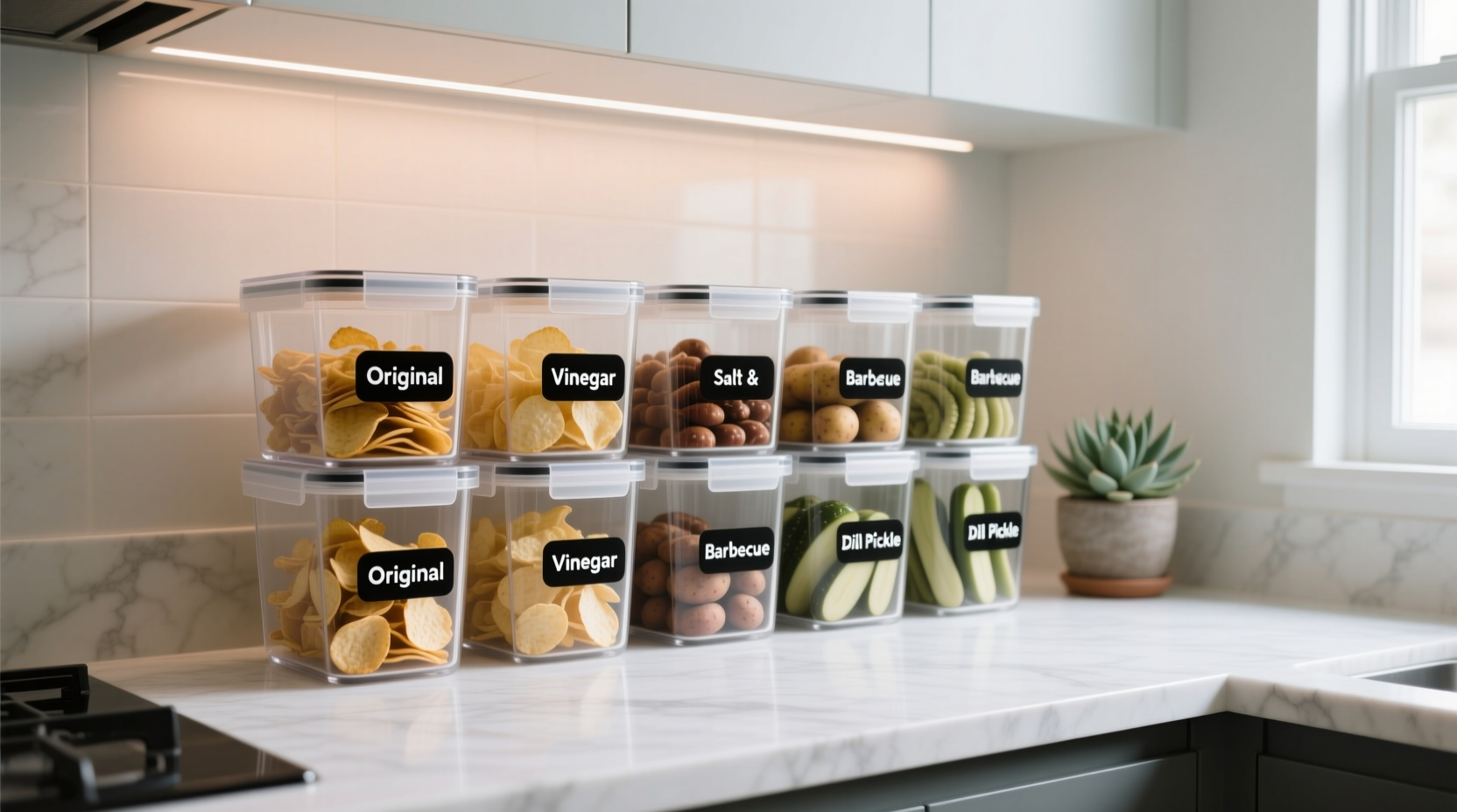 Organized potato chip storage system with labeled containers