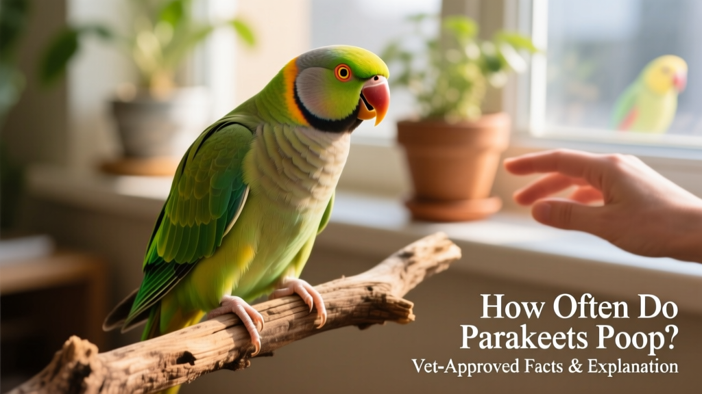 Close-up of a healthy parakeet perched on a natural wood perch, alert and clean-feathered