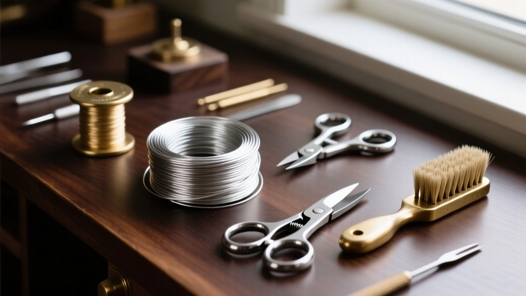 Jeweler bench with spools of 20-gauge argentium silver wire, flush cutters, and a brass brush resting on a dark wood surface