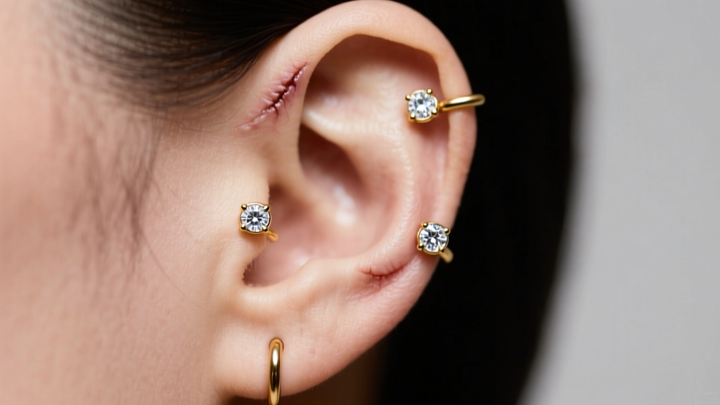 Side profile of a healed ear showing three aligned forward helix piercings with tiny gold bezel-set diamond flat back labrets