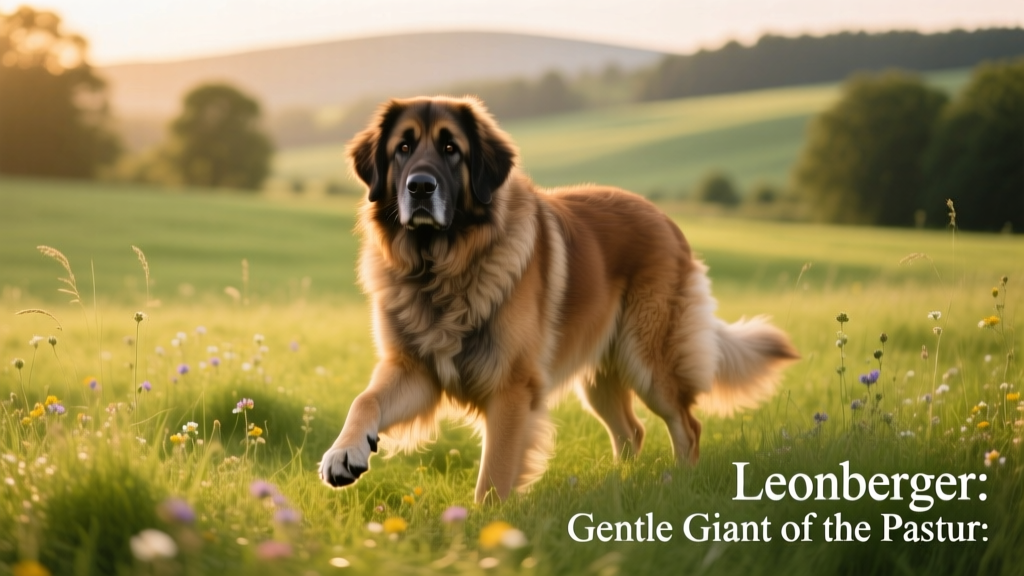 leonberger standing in a grassy field on a sunny day