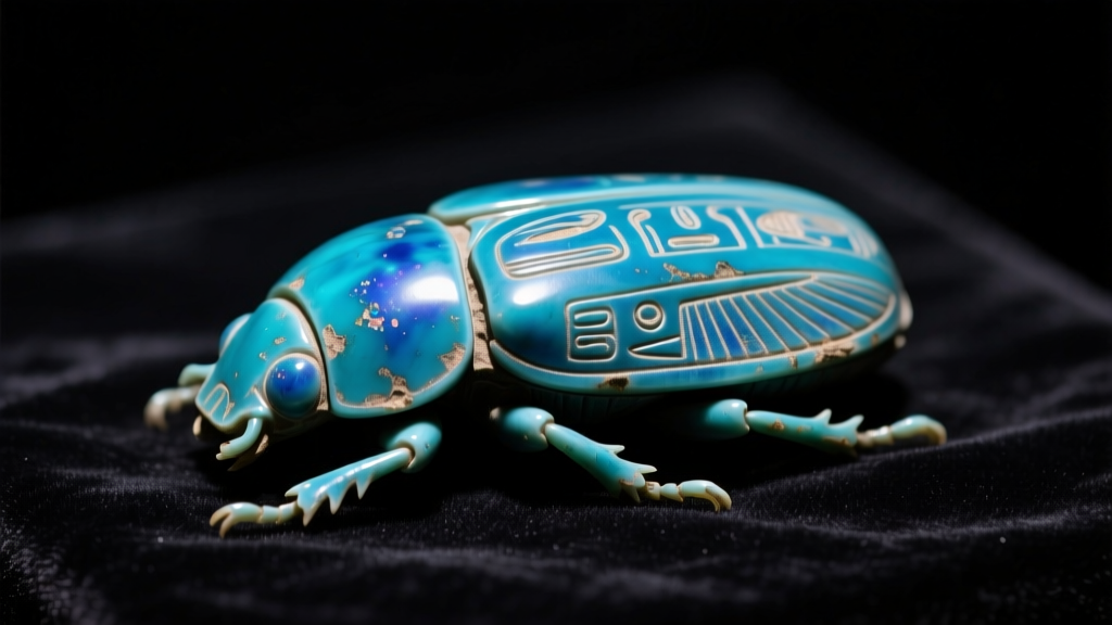 Close-up of an ancient Egyptian blue faience scarab beetle amulet on dark velvet, illuminated by soft directional museum lighting.