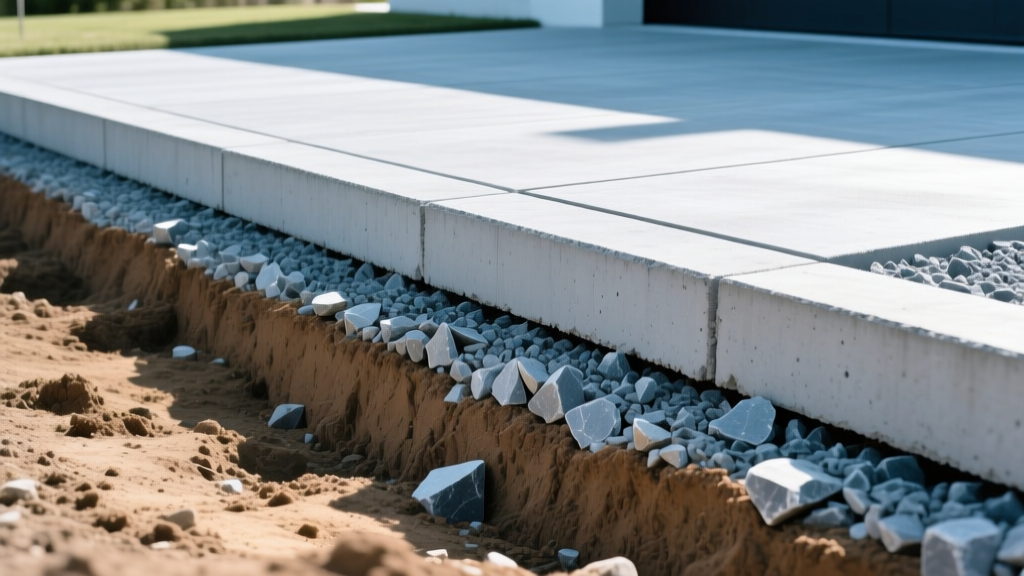 Cross-section of paved driveway showing compacted crushed concrete and limestone base layers over native soil subgrade