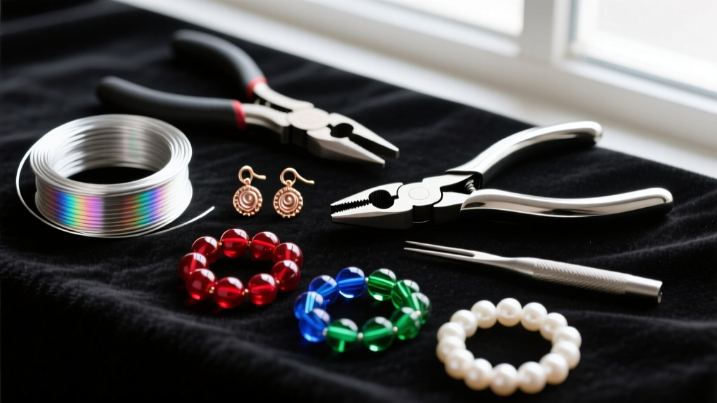 Overhead flat lay of earring repair tools including coated beading wire, French bullion, crimping pliers, and beads on dark felt.