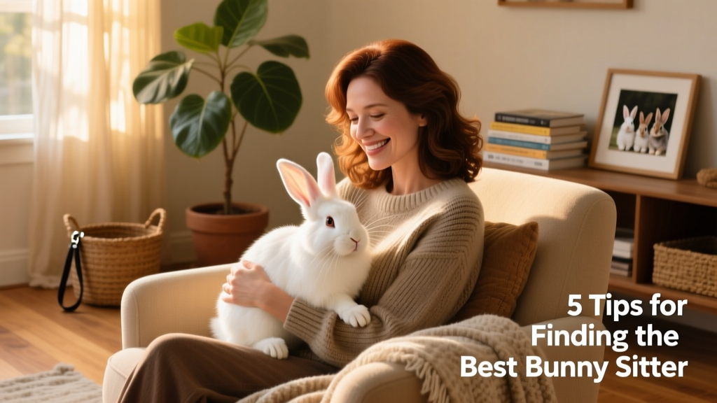 A gentle, smiling sitter holding a relaxed rabbit in a sunlit living room