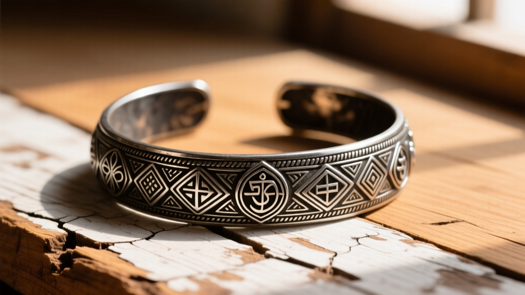 A rugged oxidized sterling silver kada bracelet featuring tribal Rajasthani motifs, photographed on a weathered wooden surface