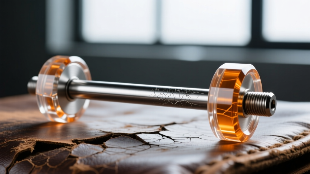 Macro photography of a 14-gauge titanium industrial scaffold barbell with acrylic ends, styled on a distressed leather background