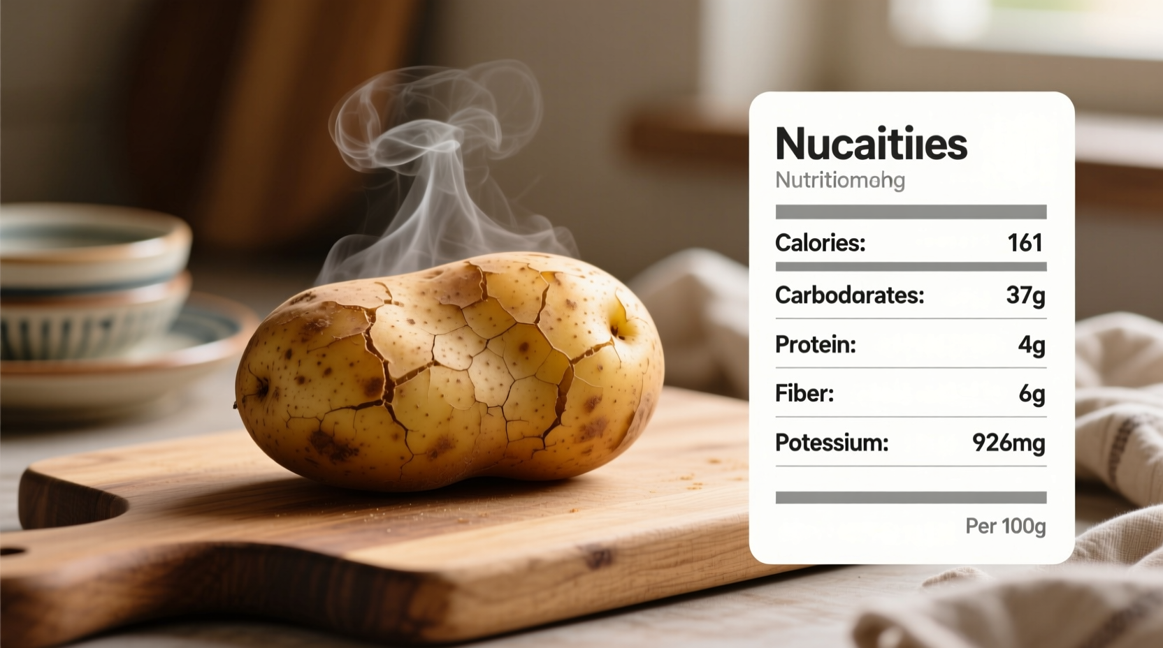 Baked russet potato with nutritional information chart