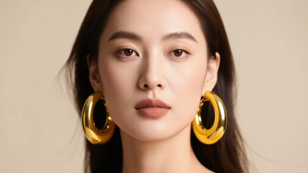 Fashion portrait of a woman wearing 80mm polished yellow gold large hoop earrings, soft studio lighting, neutral beige background