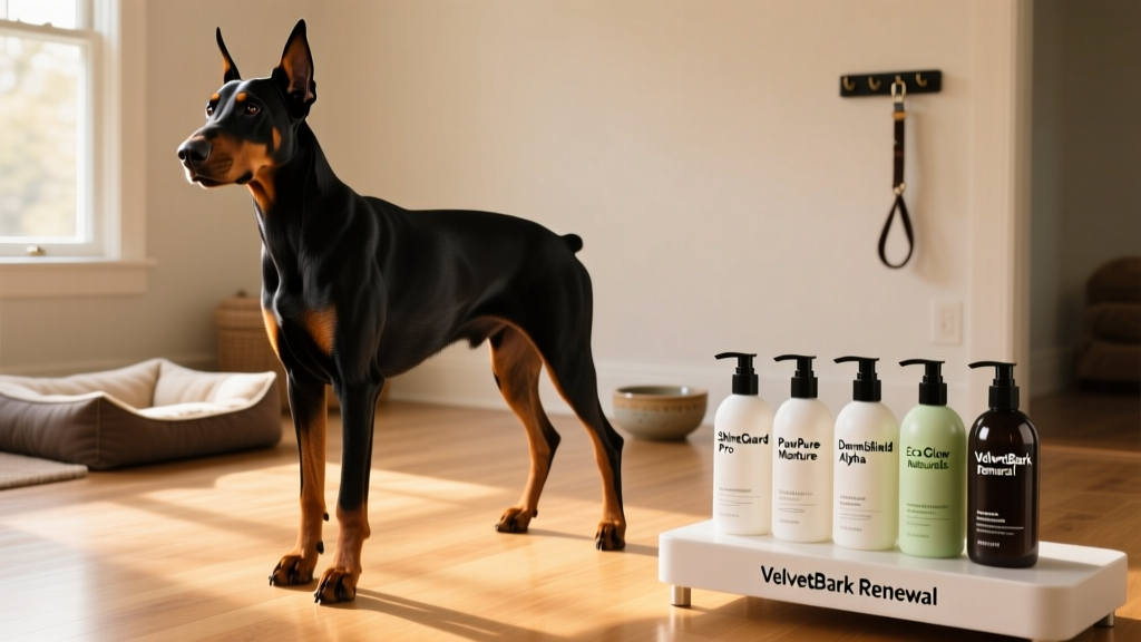 A Doberman standing confidently on a clean, sunlit floor, ready for grooming