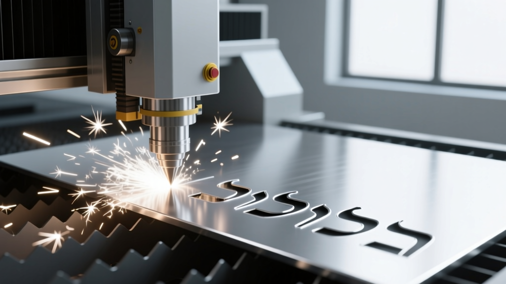 Fiber laser cutting machine actively piercing a 1.2mm sterling silver sheet, with bright sparks illuminating the Hebrew lettering
