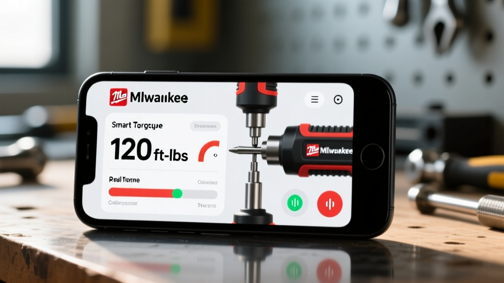 Close-up of a smartphone screen displaying the Milwaukee app interface calibrating a smart torque wrench to 120 ft-lbs