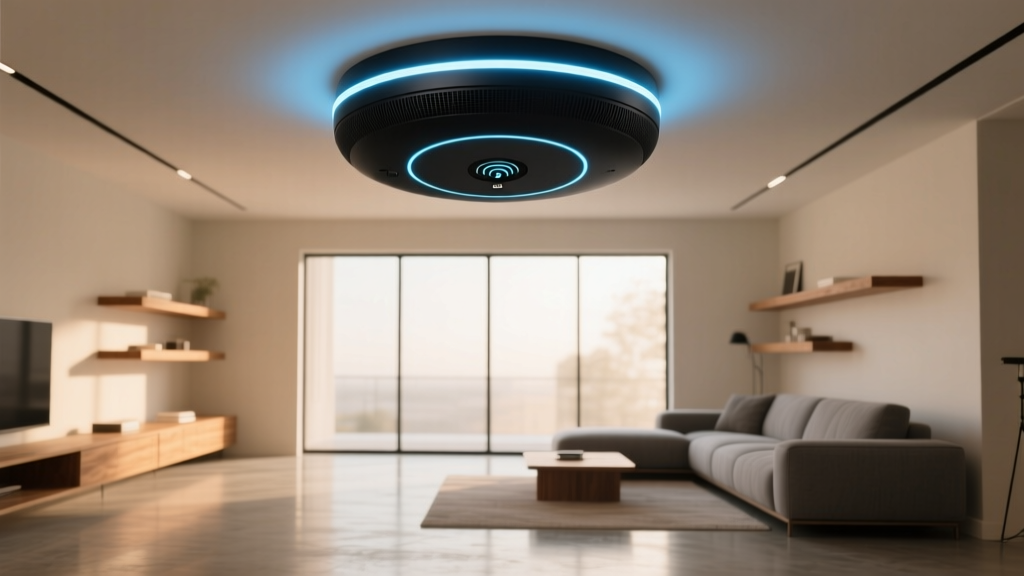 Matte black Gadget MR-7 mmWave AI sensor mounted on a living room ceiling, glowing blue LED ring indicating active zone mapping setup.