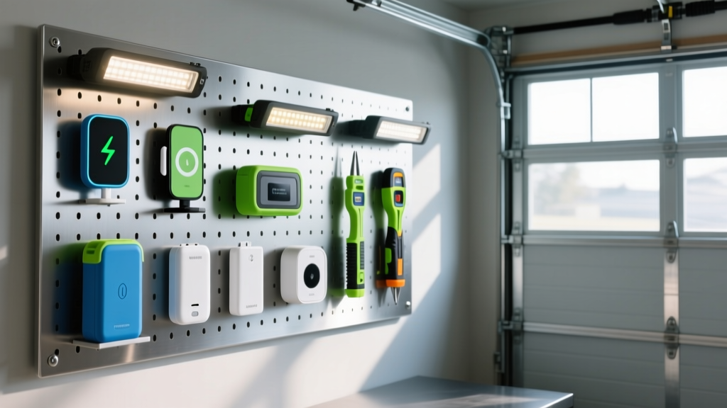 A neatly organized pegboard in a modern garage displaying budget-friendly tech gadgets, LED work lights, and laser measuring tools.