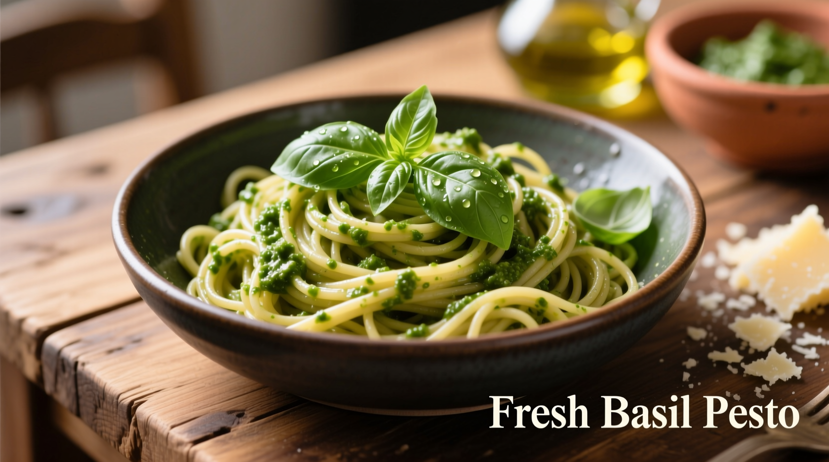 Homemade pesto spaghetti with fresh basil garnish