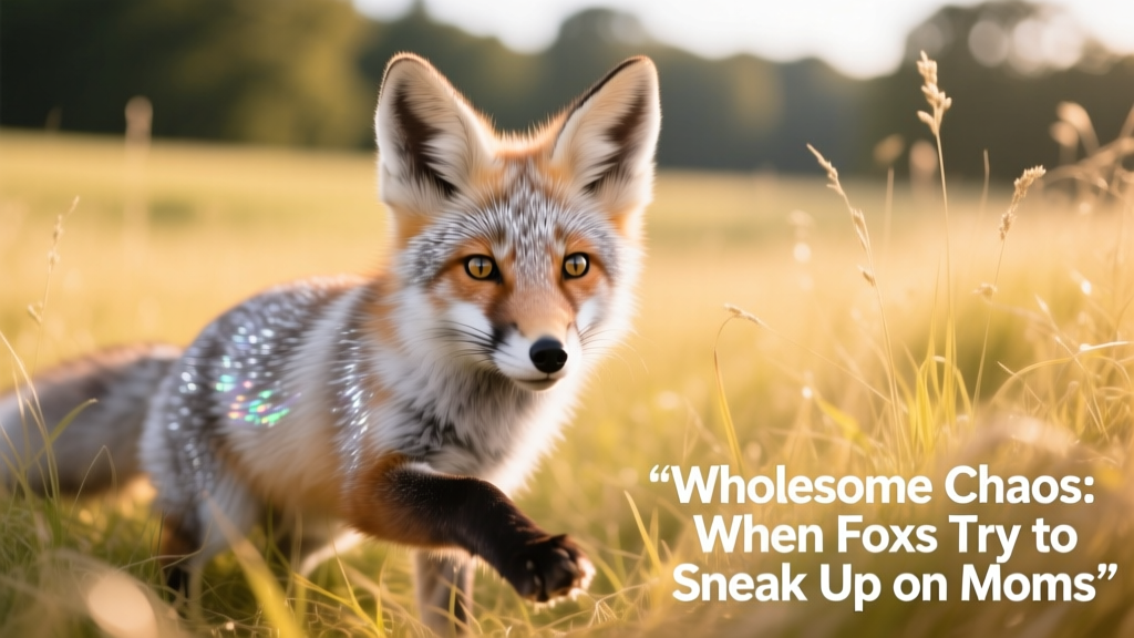 Close-up of a silver fox crouching playfully in tall grass, ears perked forward