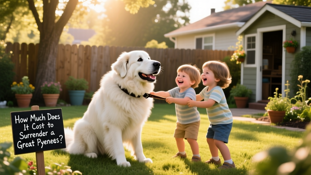 A happy Great Pyrenees playing gently with children in a sunlit backyard
