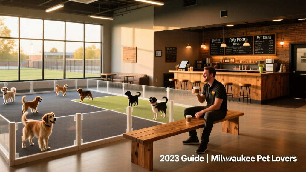 Modern indoor dog park with open play space, separate small- and large-dog zones, and a cozy adjacent tavern area