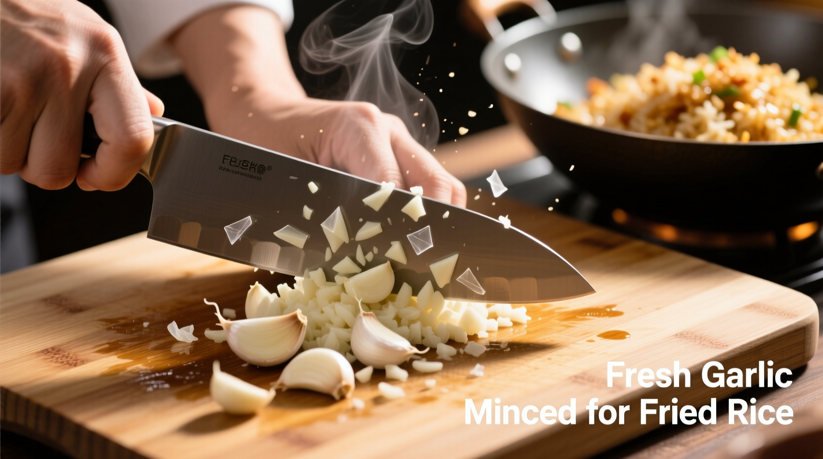 Fresh garlic being minced for fried rice