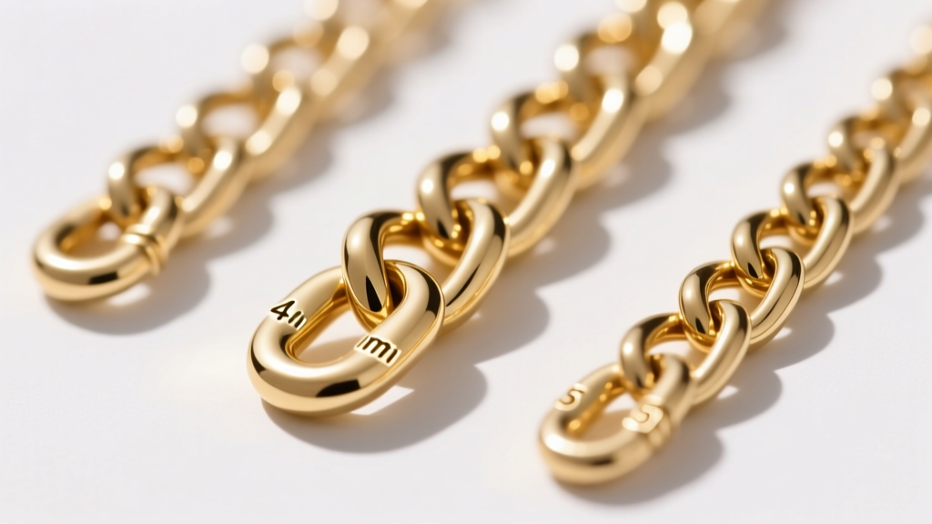 Macro shot comparing three gold chain gauges, highlighting a 4mm curb chain ideal for supporting heavy miniature handbag pendants