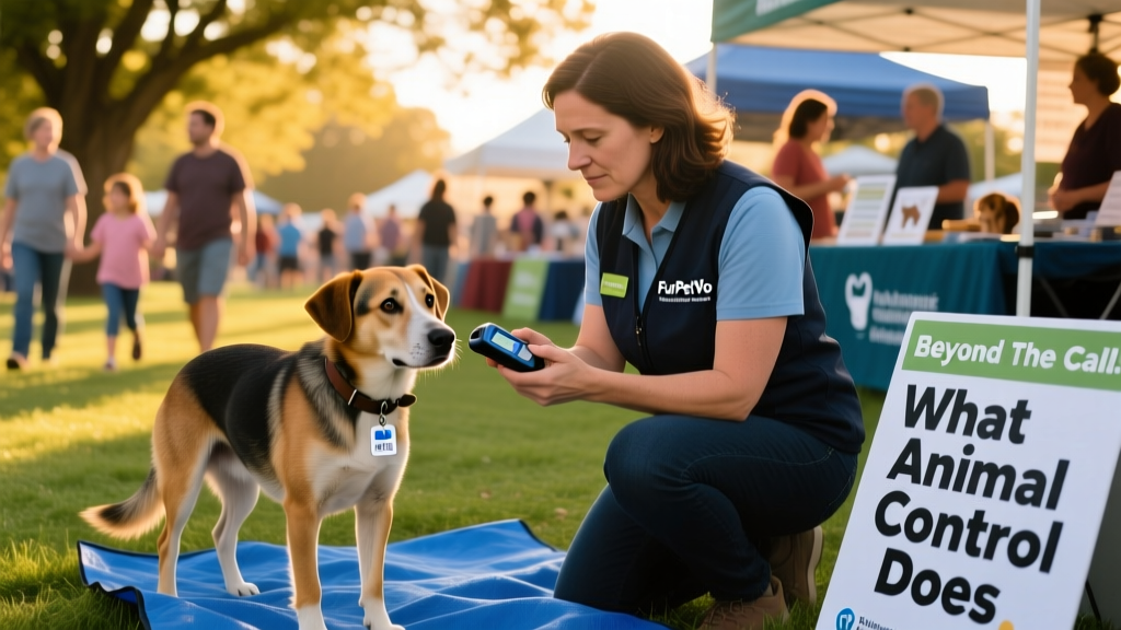 A FurPetVo volunteer scanning a lost dog's microchip at a community pet wellness fair co-hosted by local animal control