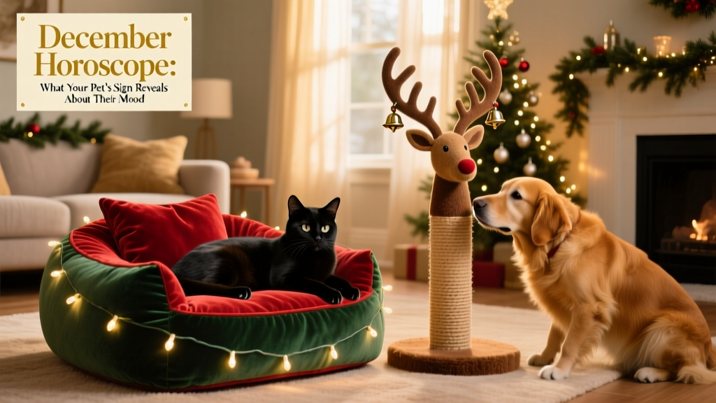 A cozy living room decorated for the holidays, with a cat lounging on a festive pet lounger and a dog near a reindeer-themed scratching post