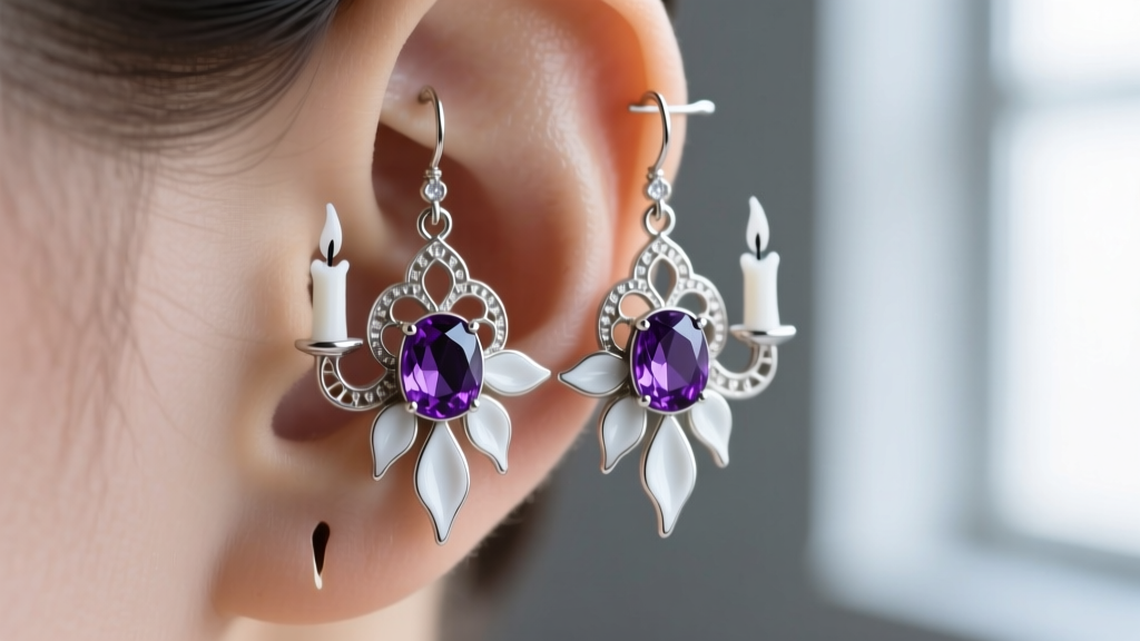 Gothic candelabra drop earrings with white wax enamel and purple amethyst gems, displayed beautifully on a pierced ear lobe.