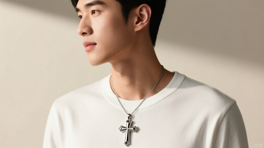 Side profile of a man wearing a titanium cross necklace over a white crew-neck shirt, showing the pendant at the upper chest.