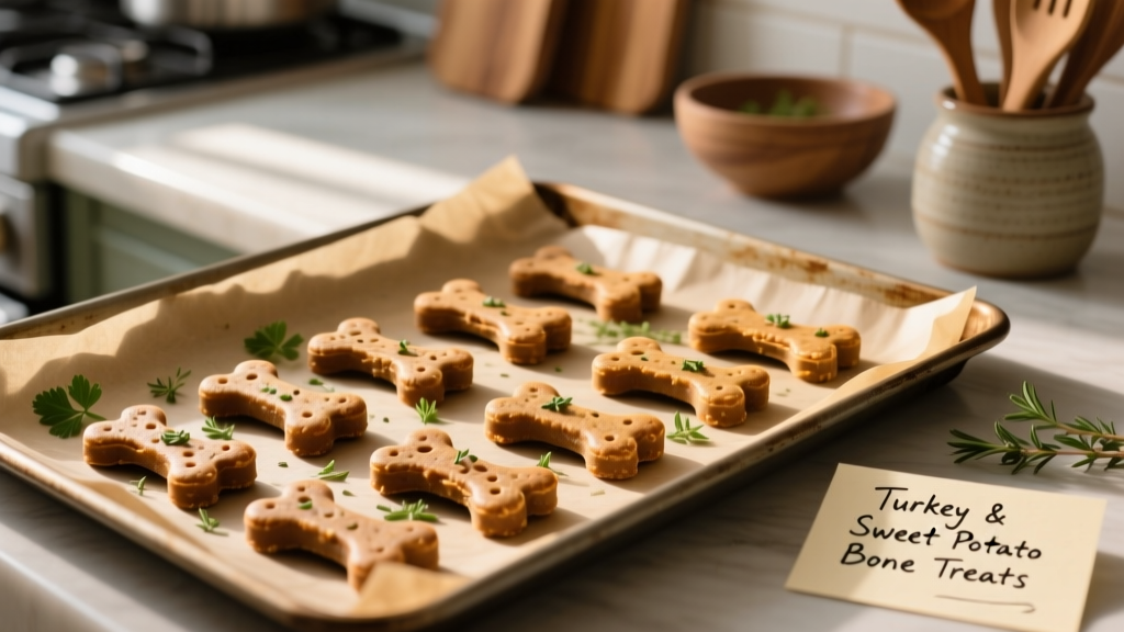 Homemade turkey dog treats shaped like bones, arranged neatly on a parchment-lined tray