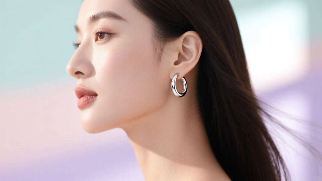 Woman wearing small rhodium-plated 925 sterling silver huggie hoops, shown in profile against a blurred pastel background.