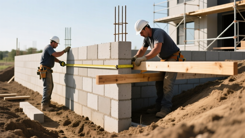 Workers installing concrete masonry unit stem walls and wooden girders for a new residential crawl space foundation on graded soil.