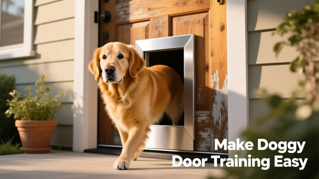 A golden retriever confidently stepping through a modern pet door installed in a wooden exterior door