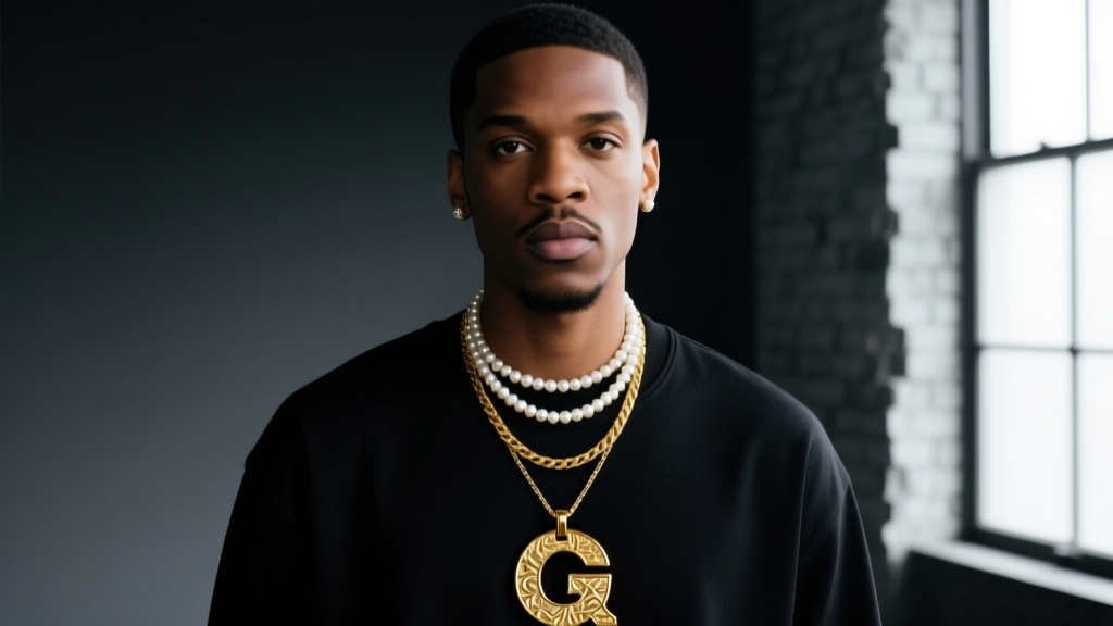 Hip-hop artist wearing a layered gold initial pendant and pearl choker necklace against a moody studio backdrop in high contrast
