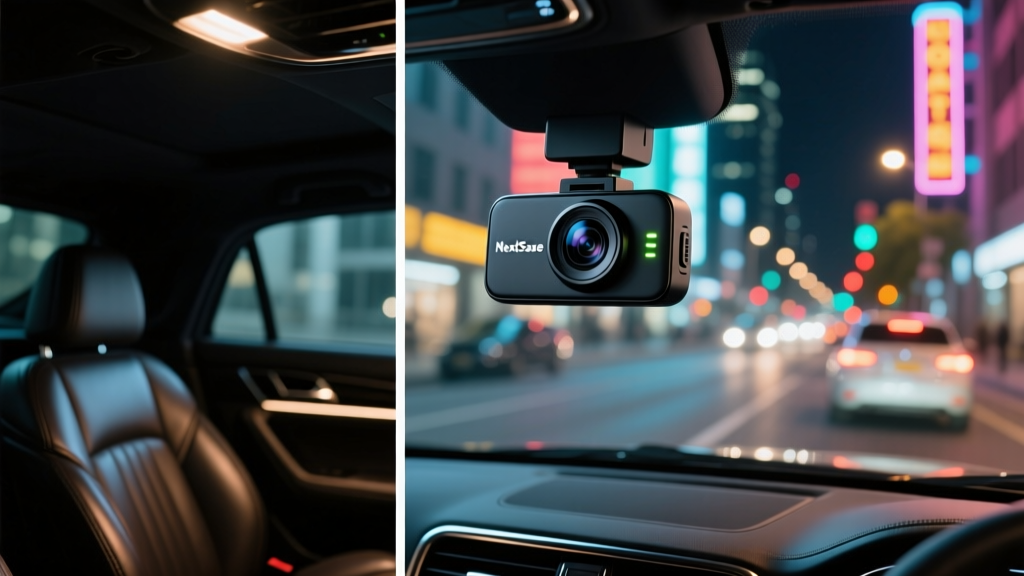 Nextbase iQ smart dash cam mounted on a car windshield recording the dark interior cabin and exterior street at night