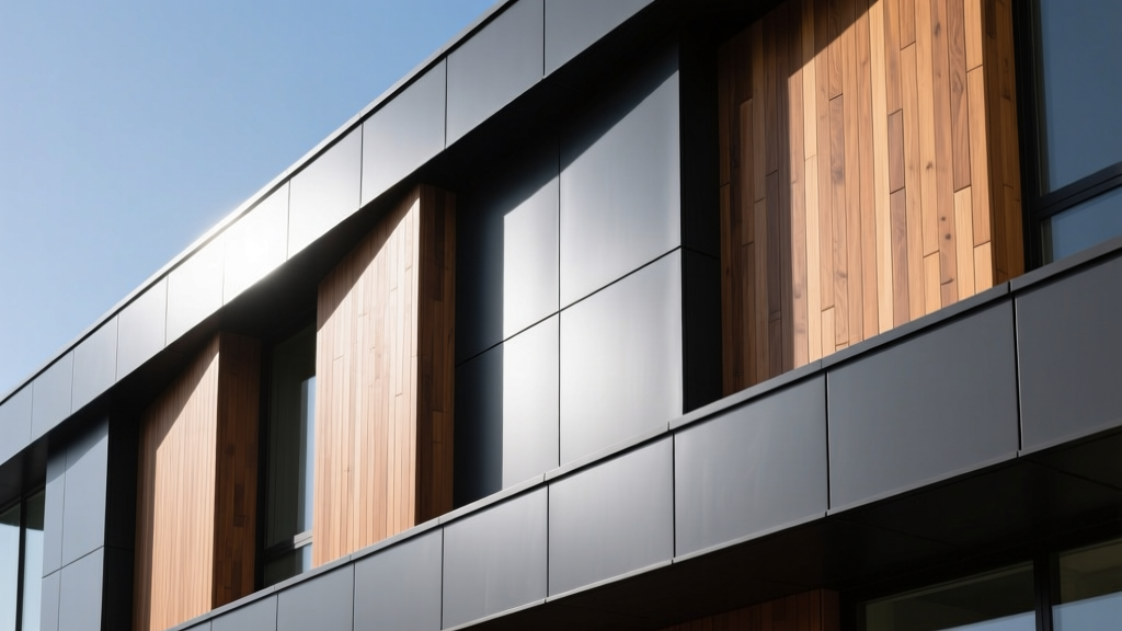 Modern building facade featuring dark gray aluminum composite panels contrasting with warm wood-plastic composite cladding accents