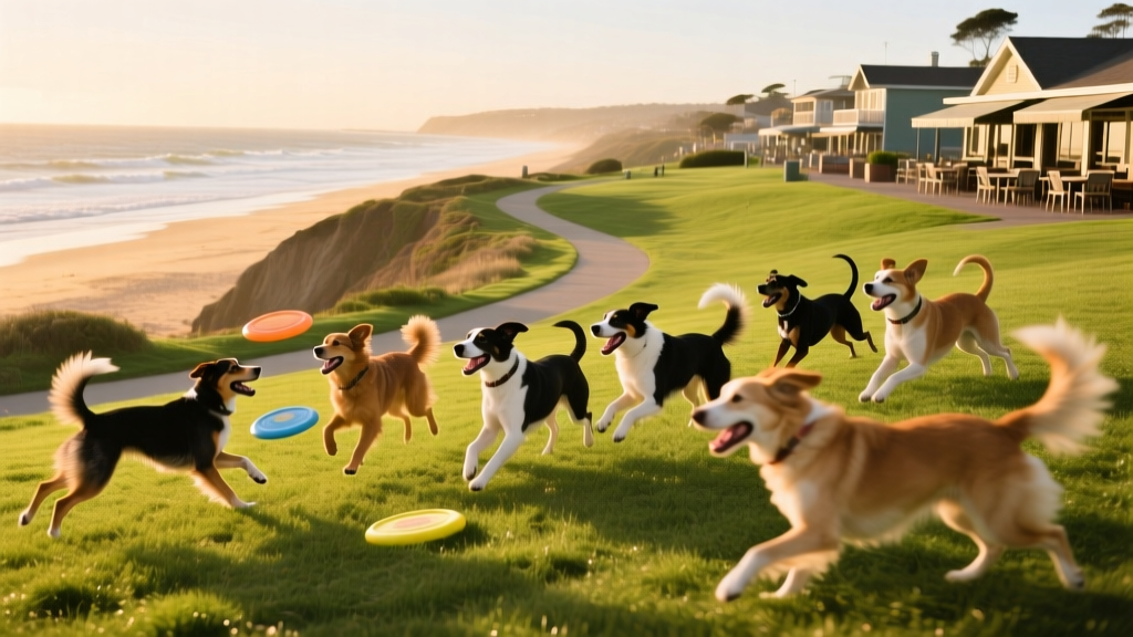 Dogs playing joyfully in a grassy, shaded dog park with open trails
