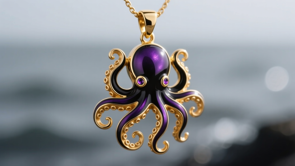 Macro shot of gold vermeil sea witch pendant showing smooth cold enamel in deep violet and black on tentacle suction cups.