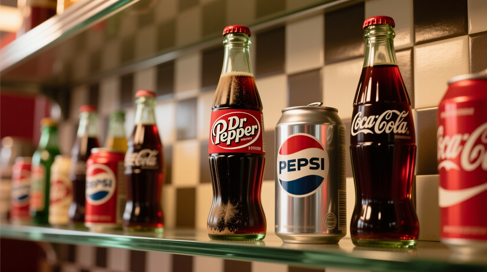 Dr Pepper bottle next to Pepsi and Coca-Cola products