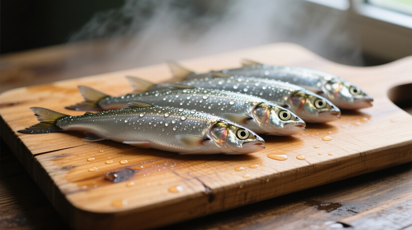 Fresh smelt arranged on wooden cutting board