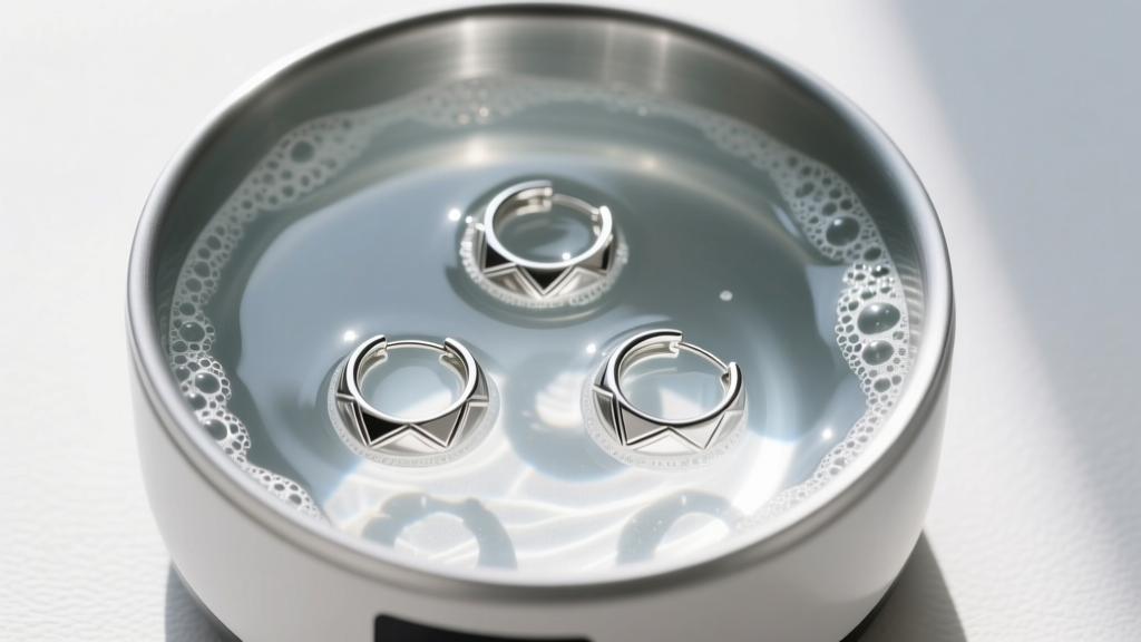 Overhead view of an ultrasonic jewelry cleaner bowl containing sterling silver hoops and a gentle non-ammonia cleaning solution