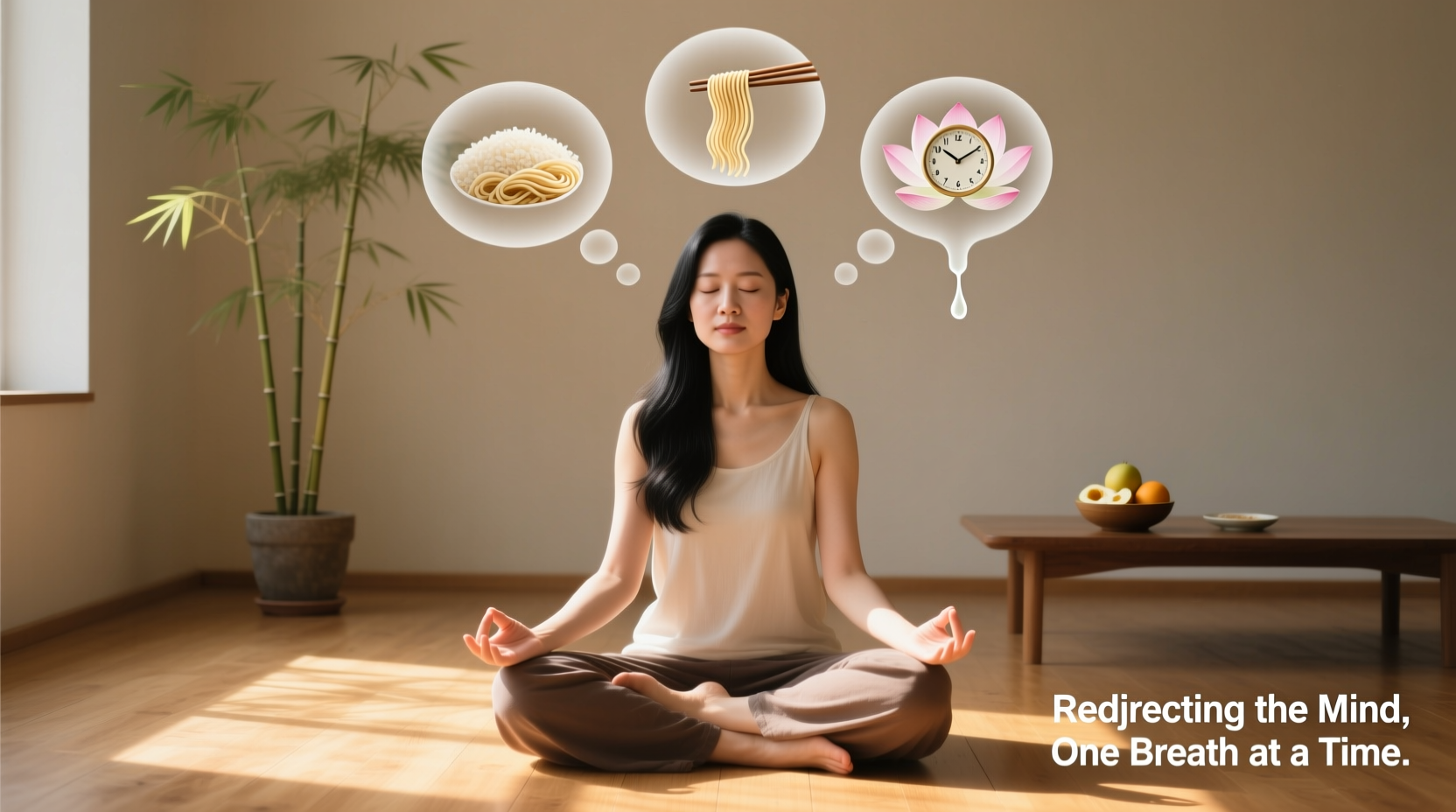 Woman practicing mindfulness meditation to redirect food thoughts