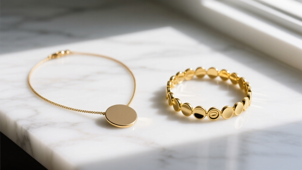 Flat lay of a dull gold-plated micro disc necklace beside a bright 18k gold vermeil petit cd necklace on a white marble surface.