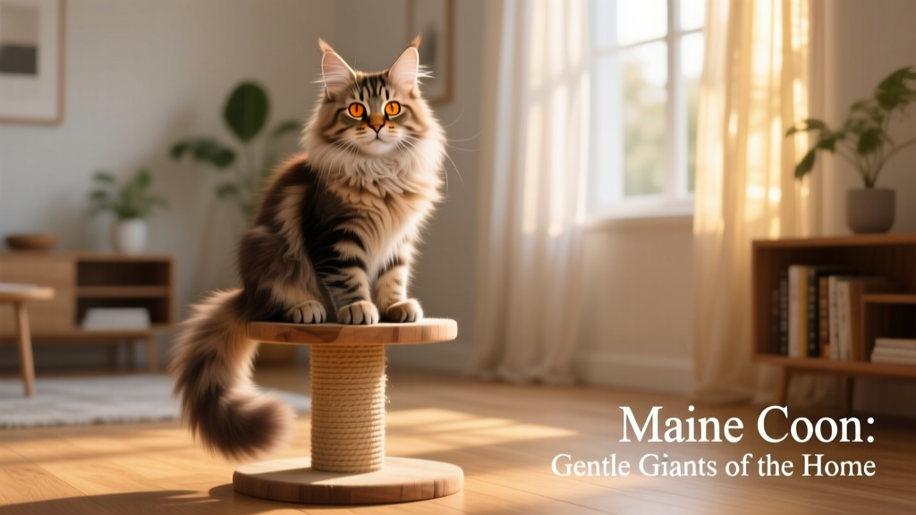 Maine coon kitten sitting on scratching post